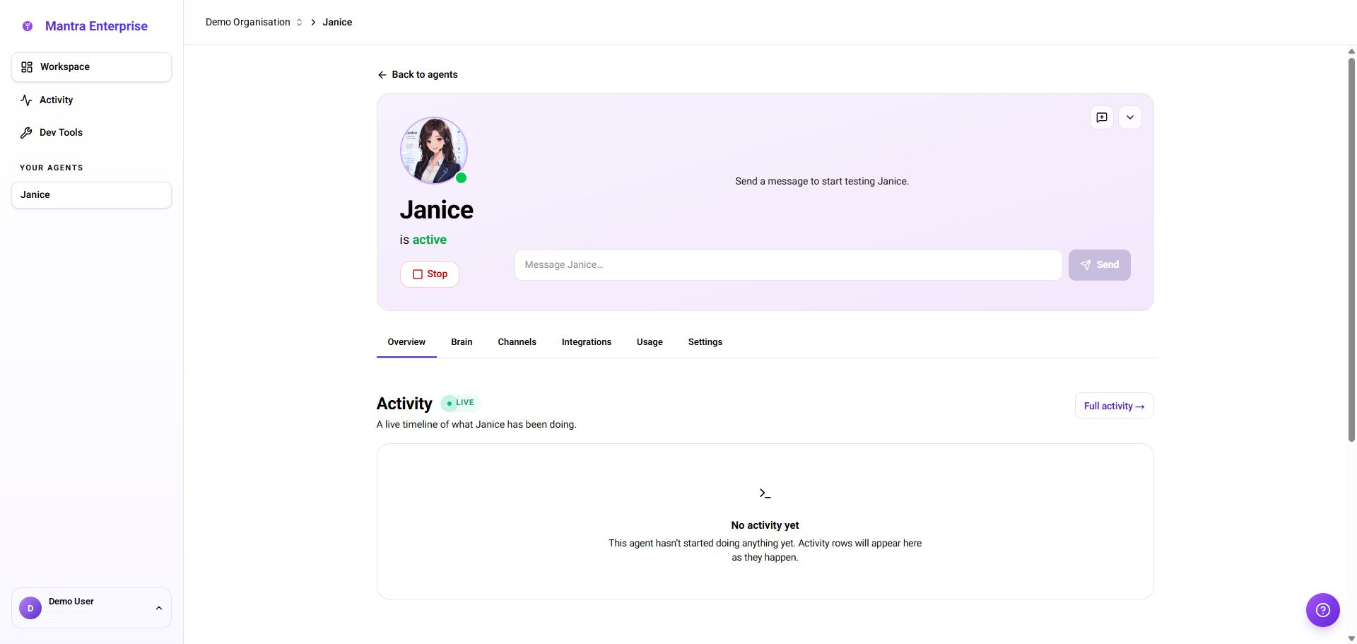 Mantra Enterprise agent workspace showing Janice, her runtime state and test conversation