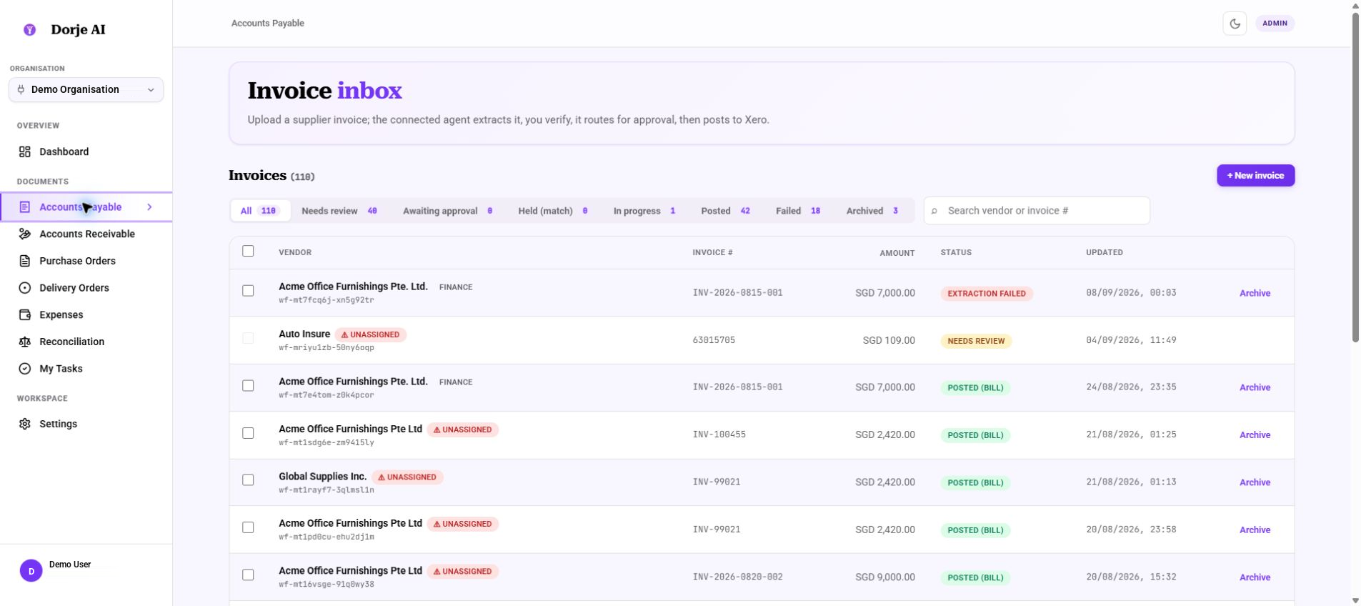 Vajra accounts payable inbox with invoice details and workflow status filters