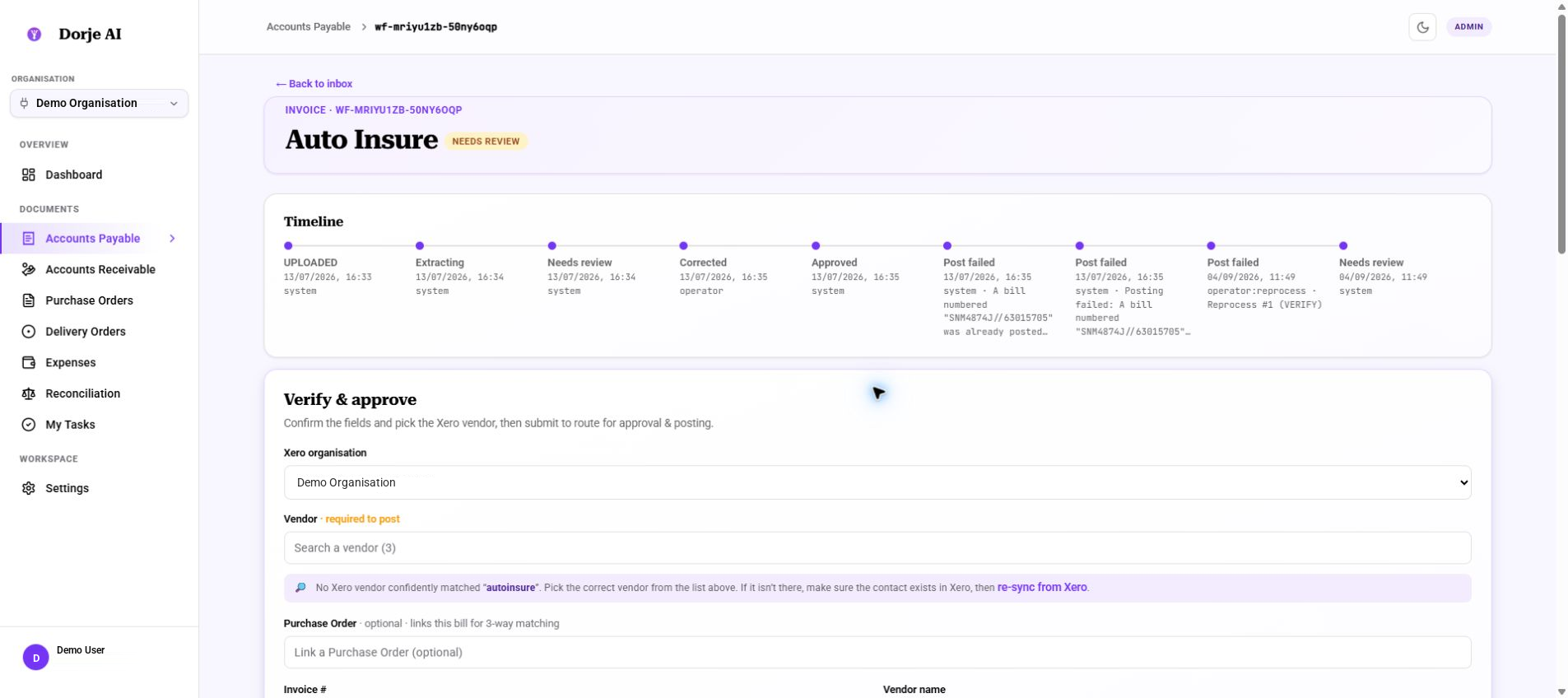 Vajra invoice review showing the workflow timeline, supplier mapping and verification controls